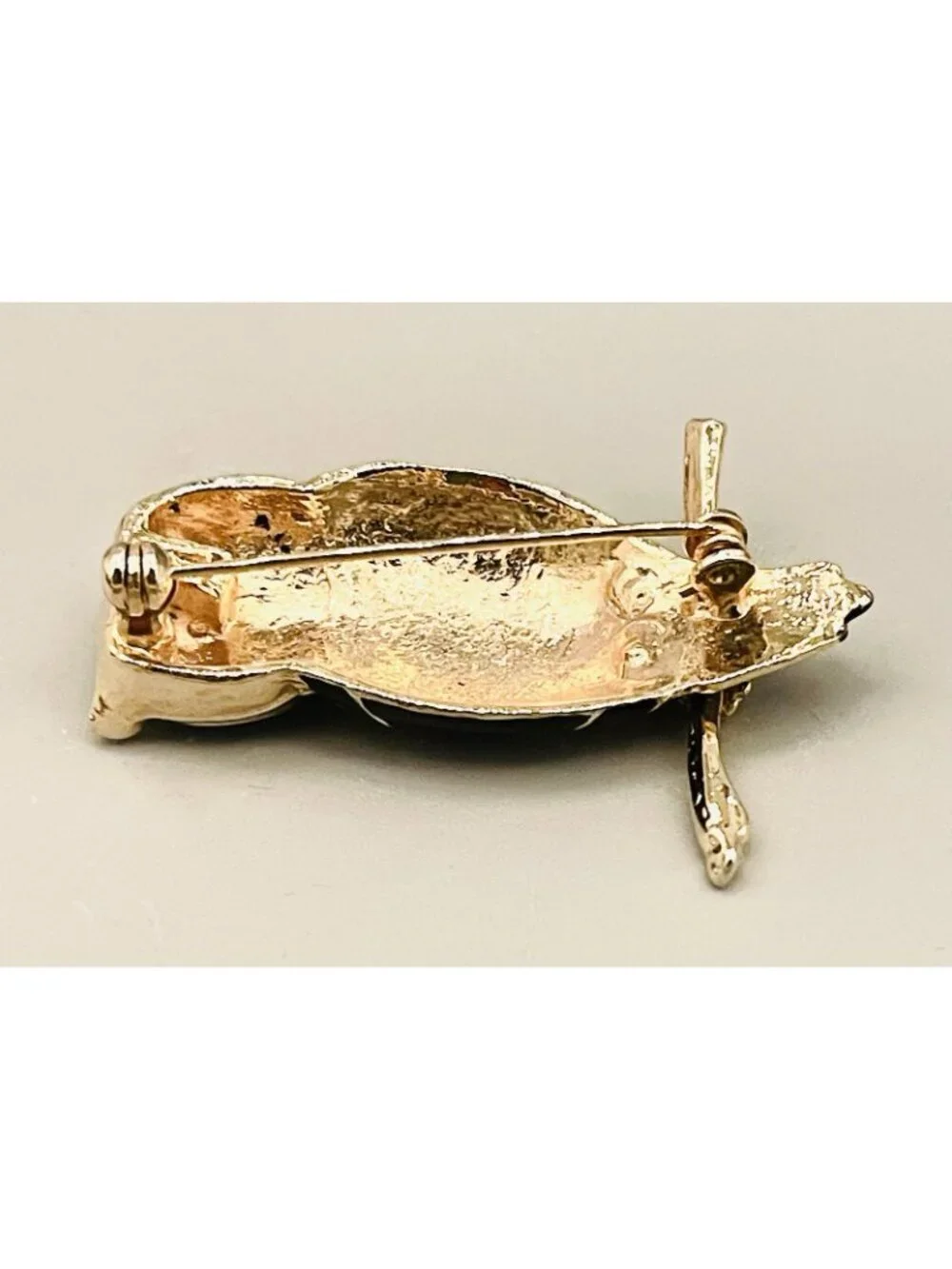 Vintage Owl Brooch Black Enamel Gold Tone Rhinestones Simple Retro